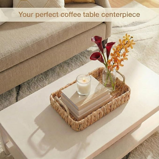 Set of 2 Rectangular Wicker Trays with Handles - Decorative Trays for Coffee Table, Ottoman, Dining Room, Living Room (Natural)