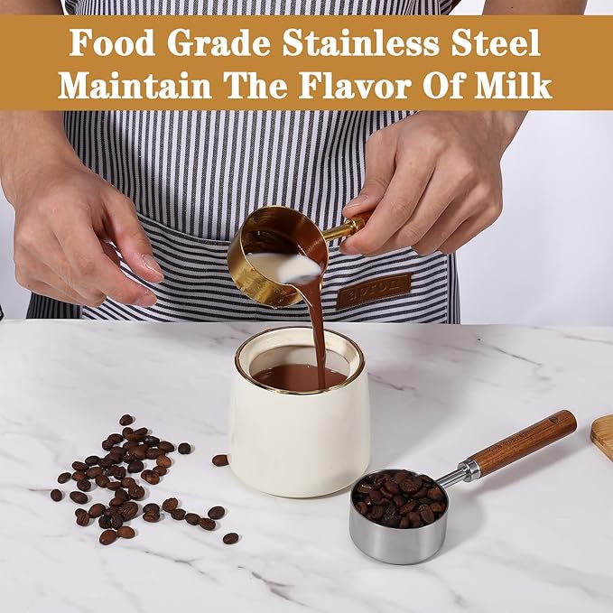 2 PCS Stainless Steel 1/4 Cup Scoop with Wooden Handle, Measuring Cups Metal Measuring Spoons and Cups 60 ML Dog Food Measurings Cup for Coffee, Kitchen, Cooking & Baking, Gold and Silver