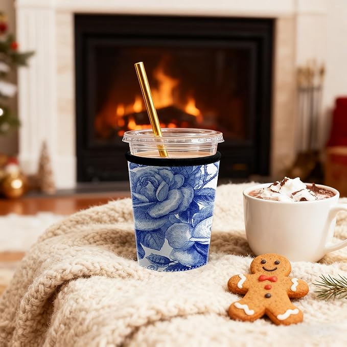 Blue Rose Floral Iced Coffee Sleeve Set chinoiserie blue blue floral coffee sleeve Set of 3 Fits 16oz 24oz 30oz Cups Vintage Botanical Pattern Insulated Coffee Sleeve for Women & Gifts