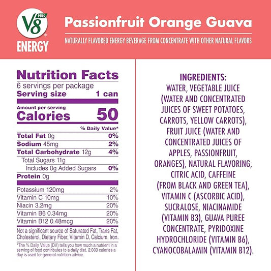 V8 +Energy Passionfruit Orange Guava Juice Energy Drink, 8 fl oz Can (24 Pack)