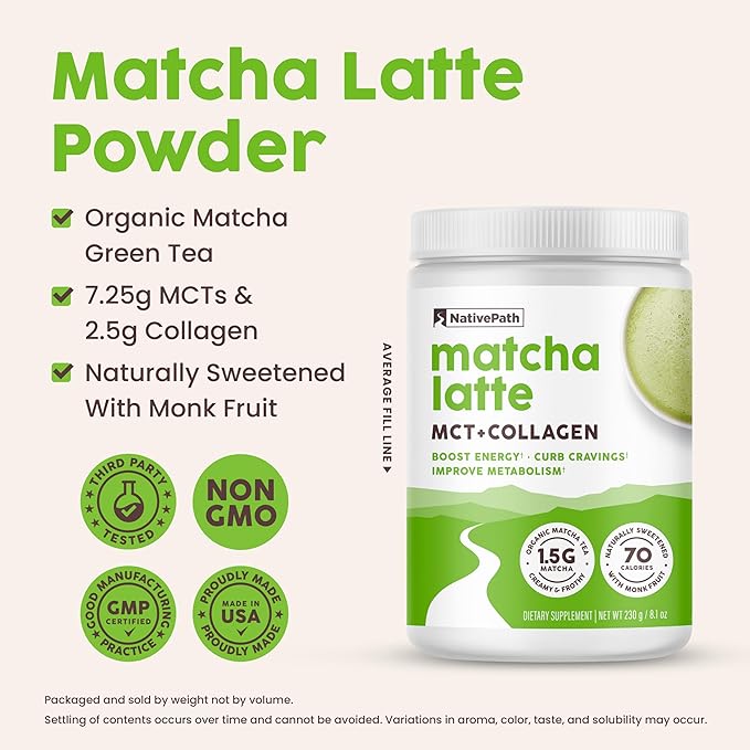 NativePath Matcha Latte Collagen Peptides with MCT Oil - 10g Grass-Fed Collagen & Organic Matcha for Energy & Focus - Keto, No Gluten or Dairy (8.1 oz)