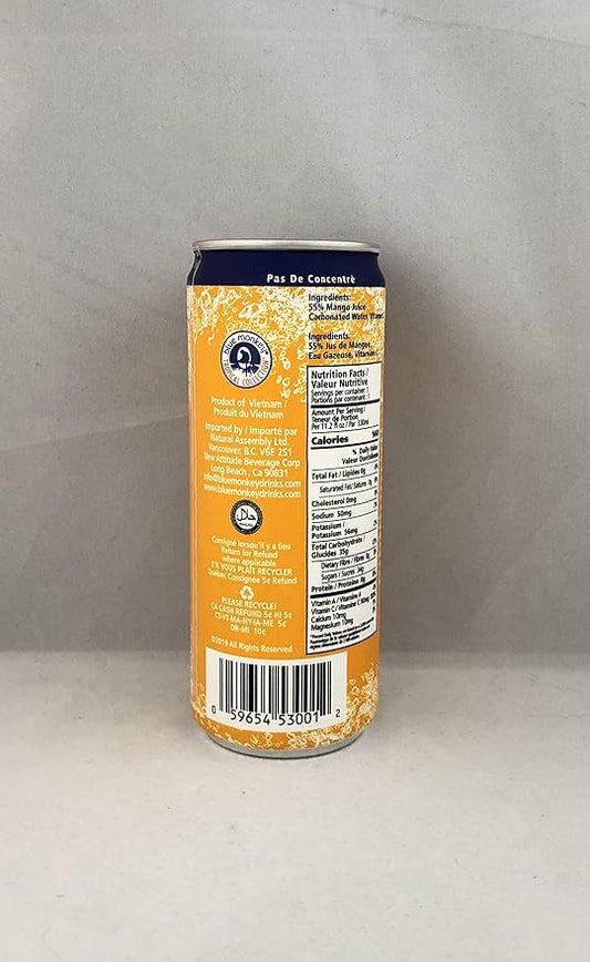 Blue Monkey Sparkling Mango Juice - Real Fruit Juice, No Sugar Added, All Natural, Lightly Carbonated, Halal Certified - Refreshing Tropical Sparkling Water Alternative - 11.2oz (330ml) 12 Pack