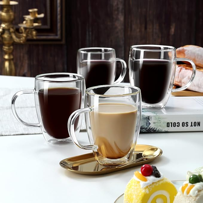 4-Pack 12 Oz Double Walled Glass Coffee Mugs with Handle, Insulated Layer Coffee Cups, Clear Borosilicate Glass Mugs, Gift for Cappuccino,Tea,Latte,Espresso,Hot Beverage,Wine, Microwave Safe, Set of 4