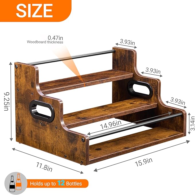 YQBRAO 3-Tier Liquor Bottle Display Shelf - Holds up to 12 Bottles, Rustic Wood Bar Shelves for The Home Bar, Countertop Whiskey and Bourbon Organizer with Anti-Slip Pads