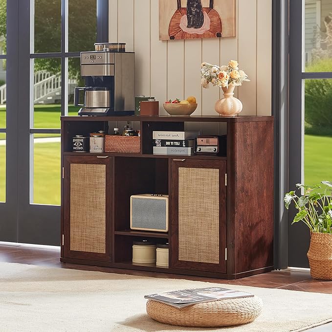 Lerliuo Rattan Wine Cabinet with 2 Doors, Boho Liquor Cabinet with Wine Racks, Farmhouse Coffee Bar Station for Living Room, Dining Room, Kitchen, Walnut