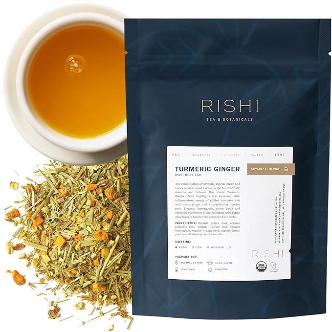 Rishi Tea Turmeric Ginger Herbal Tea - Organic Loose Leaf, Caffeine Free Blend with Spicy Ginger & Citrus, Hot or Iced - 4 Ounces, 14+ Servings