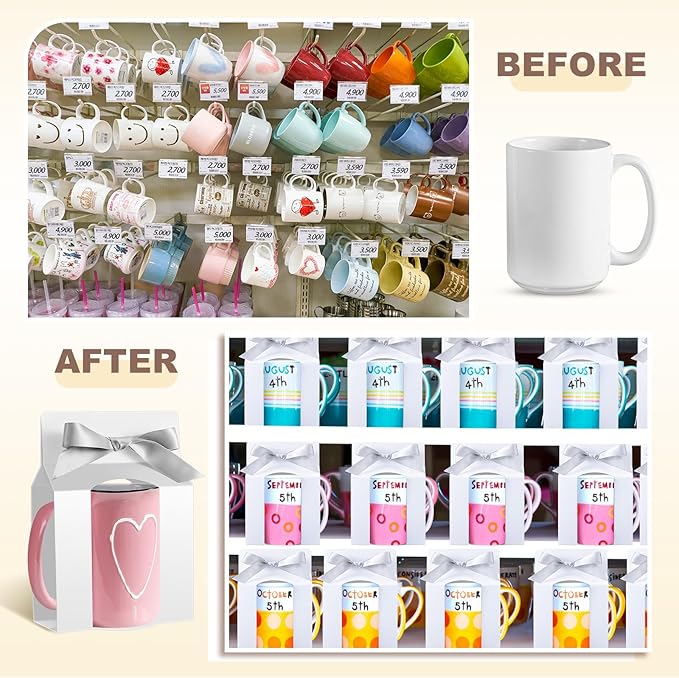 Kosiz 72 Pcs Mug Boxes Sublimation Coffee Mugs Gift Bags with Window Packaging Storage Box for Shipping Selling Wedding Valentines Gift Packaging Wrapping (for 15oz Mug,White,Silver)