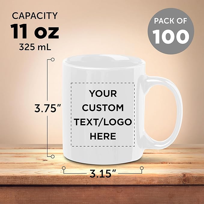 Custom Ceramic Coffee Mugs 11 oz. Set of 100, Personalized Bulk Pack - Coffee cup set, Iced coffee cup, Gaming mug - White