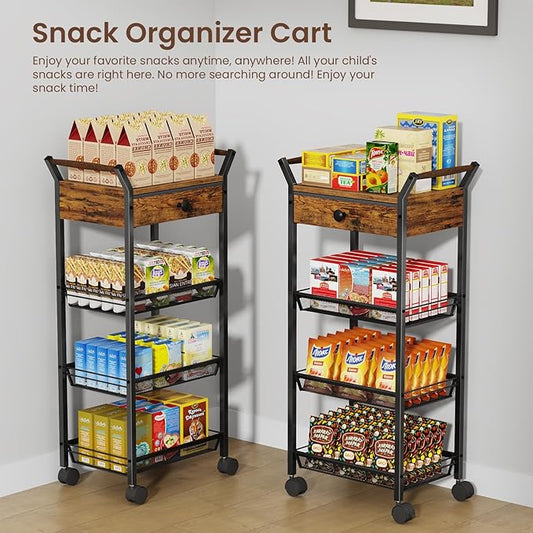 Large Fruit Vegetable Storage Cart, 5-Tier Kitchen Rolling Cart with Wheels & Drawer, Metal Wire Storage Basket Organizer Baskets for Kitchen, Pantry, Bathroom