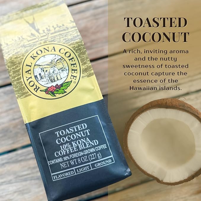 ROYAL KONA COFFEE - Medium Roast Ground Coffee, Toasted Coconut Flavor, 8 Ounce