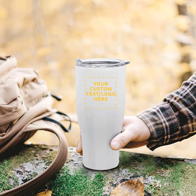 Custom Stainless Steel Grip Travel Mugs 27 oz. Set of 100, Personalized Bulk Pack - Perfect for Coffee, Soda, Other Hot & Cold Beverages - White