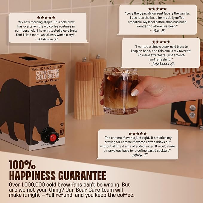 Wandering Bear Organic Mocha Cold Brew Coffee On Tap, Iced Coffee Drink - Extra Strong, Bold, Smooth, No Sugar Added, Shelf-Stable, Ready to Drink,Gluten Free & Vegan -16 Servings of 6fl.oz -96fl.oz