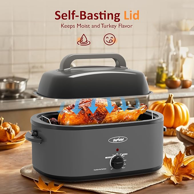 Sunvivi Electric Roaster, 28-Quart Electric Roaster Oven featuring a Glass Lid, Ideal for Turkey Roasting with Self-Basting Cover, Detachable Pan, Cool-Touch Handles, Grey