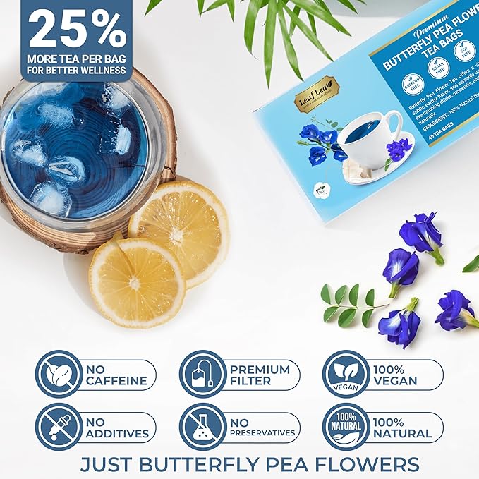 LeafLea 80 Butterfly Pea Flower Tea Bags, Natural Herbal Tea for Blue and Purple Drinks, Mocktails, and Food Coloring, Caffeine-Free, Sugar-Free, Non-GMO, Pack of 2