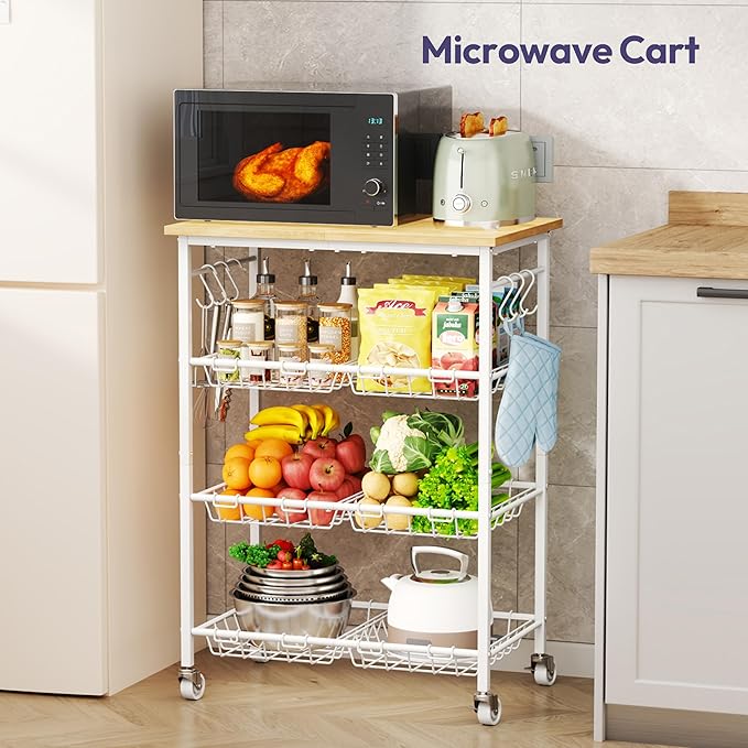 SWTYMIKI Rolling Kitchen Storage Cart - 4 Tier Microwave Table Stand with 6 Storage Baskets, Coffee Bar with Wheels, Kitchen Utility Cart Shelf Rack Organizer for Fruit, Vegetables, Potato (White)
