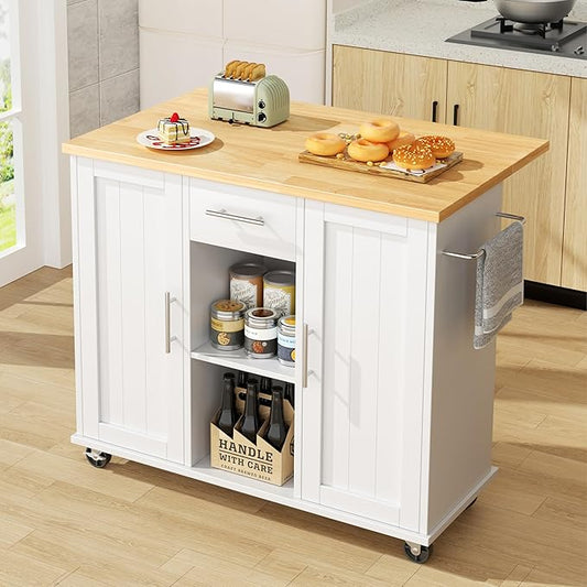 JY QAQA 42" Kitchen Island with Storage on Wheels, Rolling Table with Drop Leaf, Drawers, Cart Handle for Towel Rack or Free Movement, White