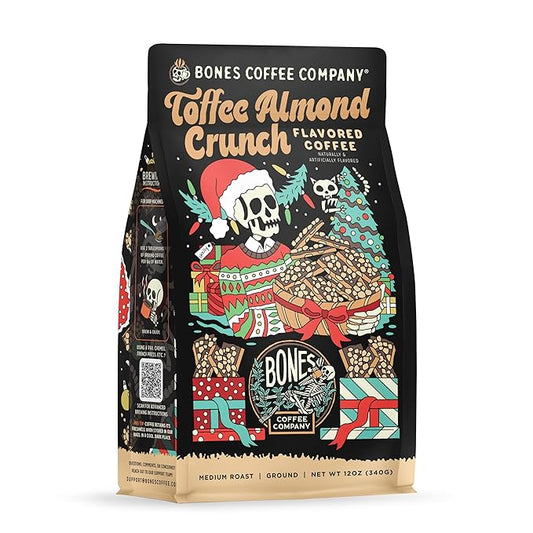 Bones Coffee Company Toffee Almond Crunch, Toffee Almond Flavored Coffee, Medium Roast Low Acid Arabica Beans Compatible with Auto drip and French Press Coffee Maker, 12 Oz Ground