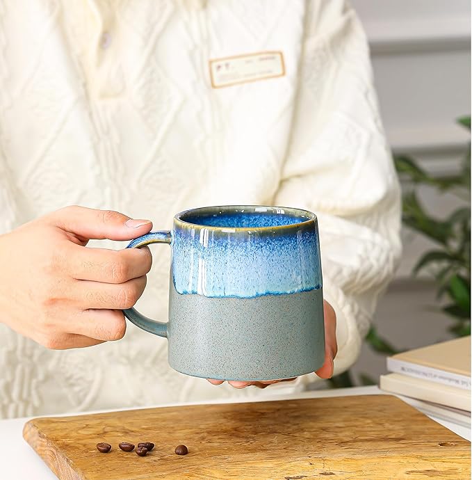 Mkour 20oz Large Ceramic Coffee Mugs, Handmade Cup, Big Tea Cups with Large Handle for Office and Home, Microwave and Dishwasher Safe (Blue Grey)