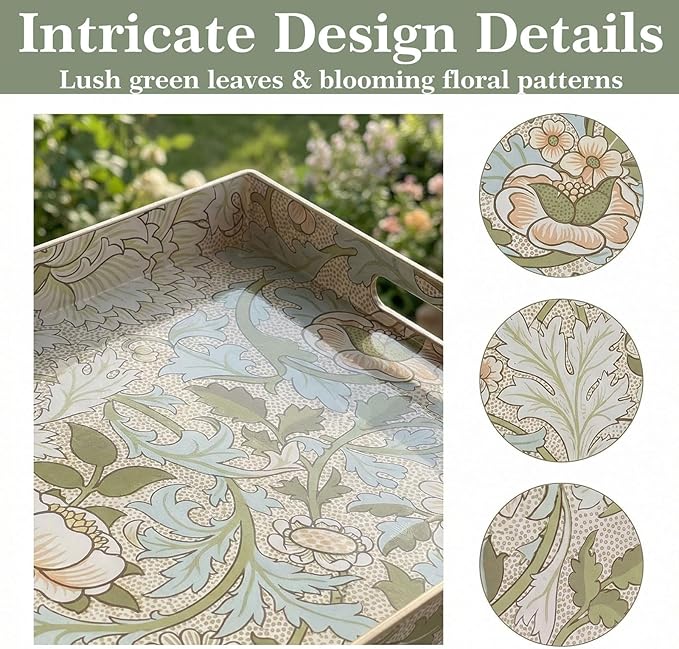 Zosenley William Morris-Style Serving Tray with Handles - 15.7" x 11.8" Floral Pattern Decorative Platter for Coffee Table, Ottoman & Breakfast in Bed - Sturdy Plastic Rectangular Tray