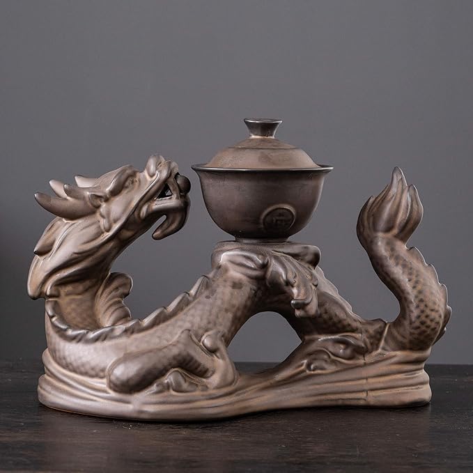Dragon Tea Sets with Infuser Semi Automatic Tea Set Magic Teapot with 8 cups (Antique Brass Dragon- A)