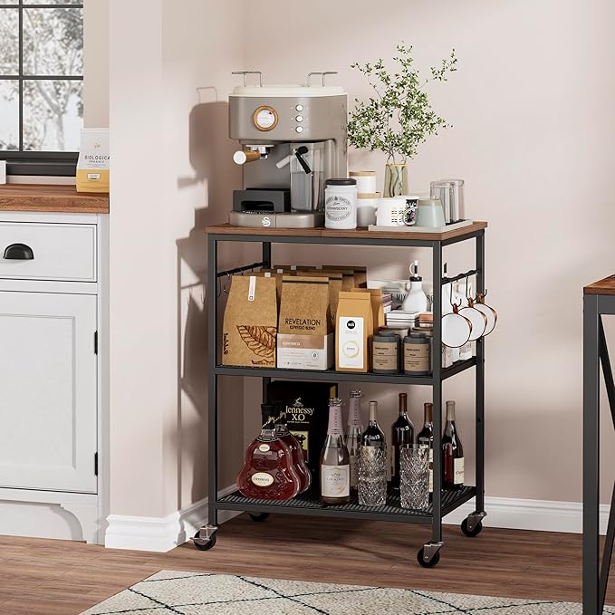 3-Tier Rolling Kitchen Microwave Cart, Kitchen Utility Cart on Lockable Wheels, Coffee Bar Table Station with 6 S-Shaped Hooks, Small Appliance Storage Shelf, Rustic Brown and Black