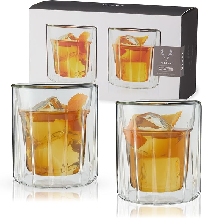 Viski Double Walled Rocks Glasses - Insulated Whiskey Tumblers with Cut Crystal Design - Dishwasher Safe 10.5oz Set of 2