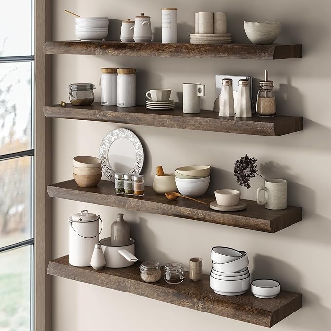 Live Edge Elm Floating Shelves for Wall Decor, Rustic Solid Wood Shevles Wall Mounted with Invisible Bracket for Living Room Bathroom Bedroom Kitchen, 24 Inch Set of 2, Walnut