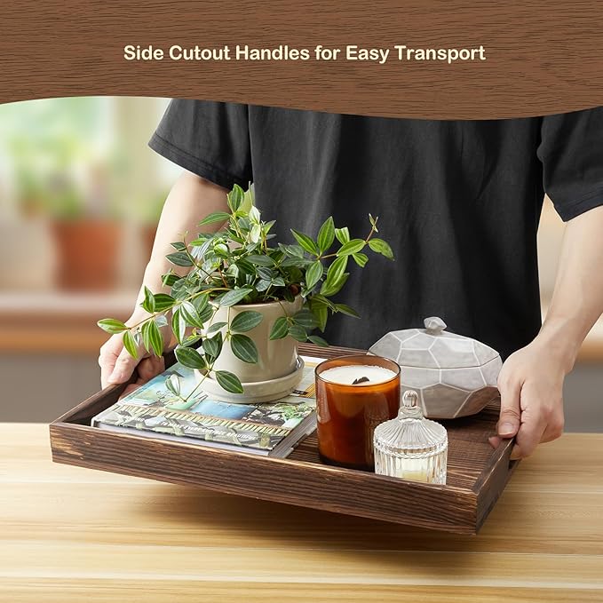 17 Inch Burnt Wood Serving Tray with Handles, Large Wooden Decorative Tray for Ottoman, Breakfast in Bed, Coffee Table, Dinner, Rectangular Tray for Living Room Bedroom Entryway and Kitchen