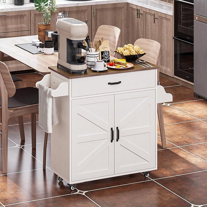 Mobile Multi-Function Kitchen Island Cart with Storage, White Cabinets, Drawers & Counter Block, Featuring a Portable Microwave and Coffee Bar on Rolling Wheels