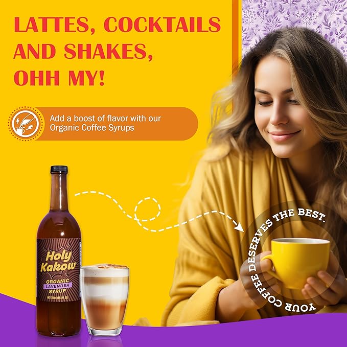 Holy Kakow Cafe Organic Lavender Syrup - Lavender Coffee Syrup, Organic Syrup for Coffee, Latte, Cocktail and Shake, Real Food Ingredients - 750ml