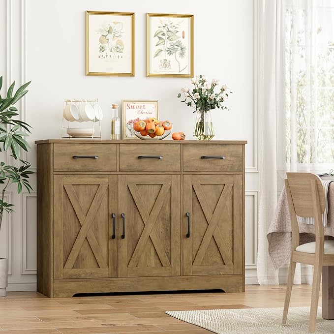 HOSTACK Modern Farmhouse Buffet Sideboard Cabinet, Barn Doors Storage Cabinet with Drawers and Shelves, Wood Coffee Bar Station for Dining Room, Kitchen, Living Room, Rustic Brown
