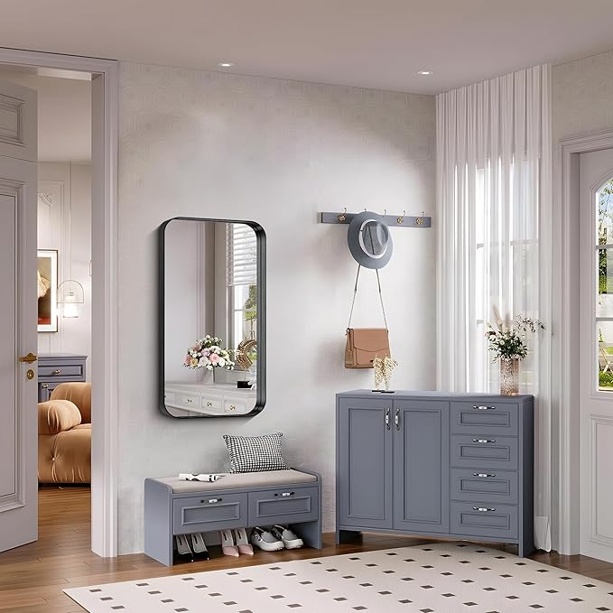 FORBATH 40x20 Inch Bathroom Mirror for Wall, Black Metal Framed Vanity Mirrors for Over Sink, Rounded-Corner Rectangle Mirror for Bedroom Living Room Entryway Hallway, Hangs Horizontal or Vertical