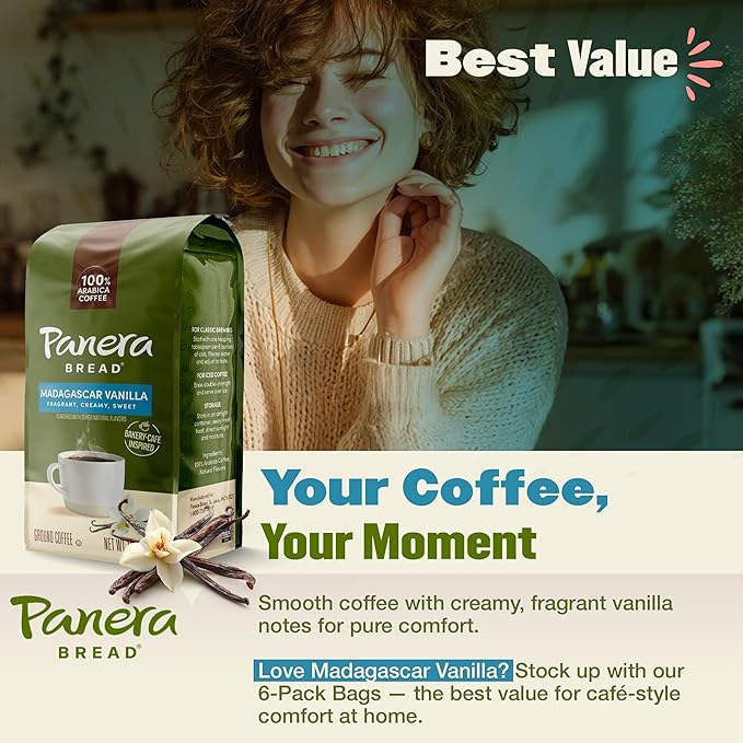 Panera Madagascar Vanilla Ground Coffee - Light Roast, Natural Vanilla Flavor - 100% Arabica, No Artificial Ingredients - Bakery-Cafe Quality - 12oz Bag, Pack of 6 (72oz Total)