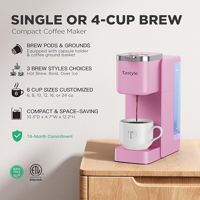 Tastyle Single Serve Coffee Maker, Iced and Hot Coffee Machine for K Cup & Grounds, Compact Design, 40oz Removable Water Reservoir, 6 to 24 Oz Brew Sizes, Fits 7.3" Travel Mug, Pink