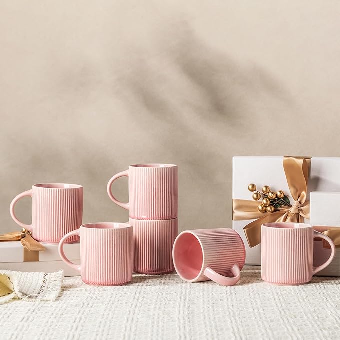 GBhome Coffee Mugs Set for 6, 12oz Coffee Cups with Handle for Man,Woman,Dad,Mom, Stoneware Mugs Sets for Coffee, Latte,Tea, Hot Cocoa, Milk, Dishwasher&Microwave Safe,Pink