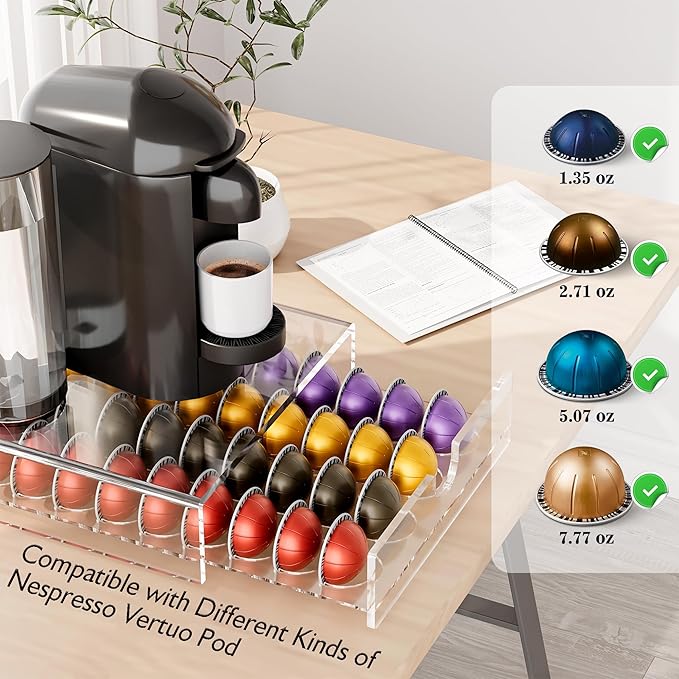 Acrylic Coffee Pod Organizer for Nespresso Vertuo Pod Holder 40 Pods Clear Vertuo Pod Storage Drawer (1 Tier) (Clear)