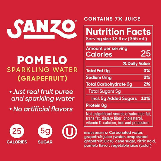 Sanzo Flavored Sparkling Water - Pomelo Grapefruit Seltzer - Low Calorie Low Sugar - Craft Asian Drinks - Vegan Gluten Free Carbonated Flavored Water - Fizzy Bubbly Healthy Drinks - 12oz, 12 Pack