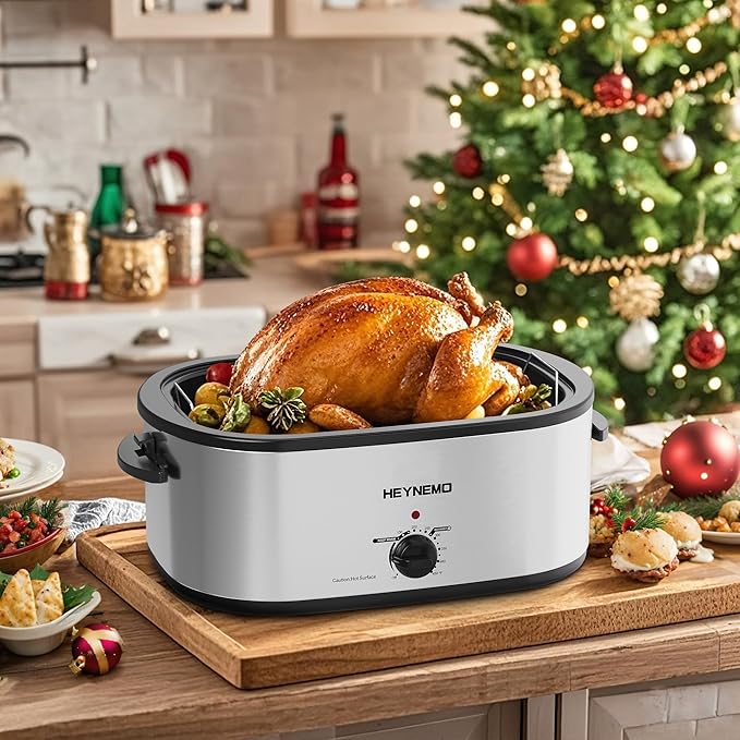 Roaster Oven 24QT, Electric Roaster Pan with 3 Compartments and Self-Basting Lid, Large Stainless Steel Electric Turkey Roaster Oven Defrost Warm Function, Removable Pan Rack, Fits Turkeys Up to 28LB