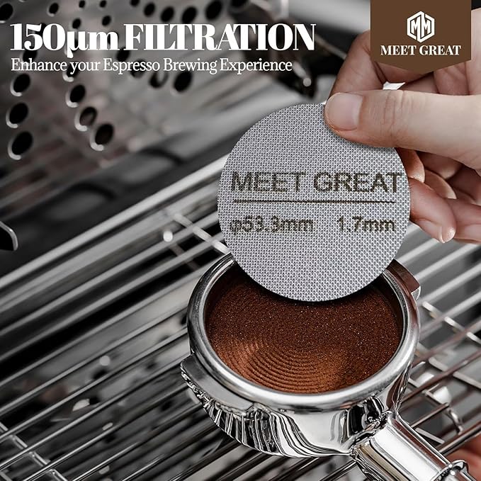 Meet Great- 2 Packs 53.3mm Espresso Puck Screen, 1.7mm Thickness 150μm 316L Stainless Steel, Upgraded Reusable Coffee Filter Screen for 54mm Breville Portafilter Filter Basket