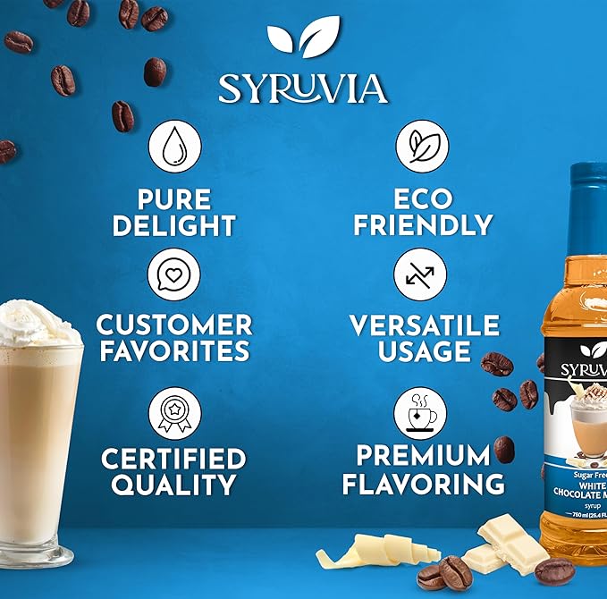 Syruvia Sugar Free Coffee Syrup, White Chocolate Mocha Flavored Syrup for Drinks, Lattes, and Desserts – 25.4 fl oz, With Pump