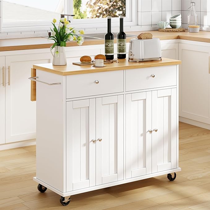 JY QAQA 39" Kitchen Island on Wheels with Storage Cabinet Kitchen Cart Cabinet with Shelves, Cart Handle for Towel Rack or Free Mobility, Portable Islands for Kitchen, White