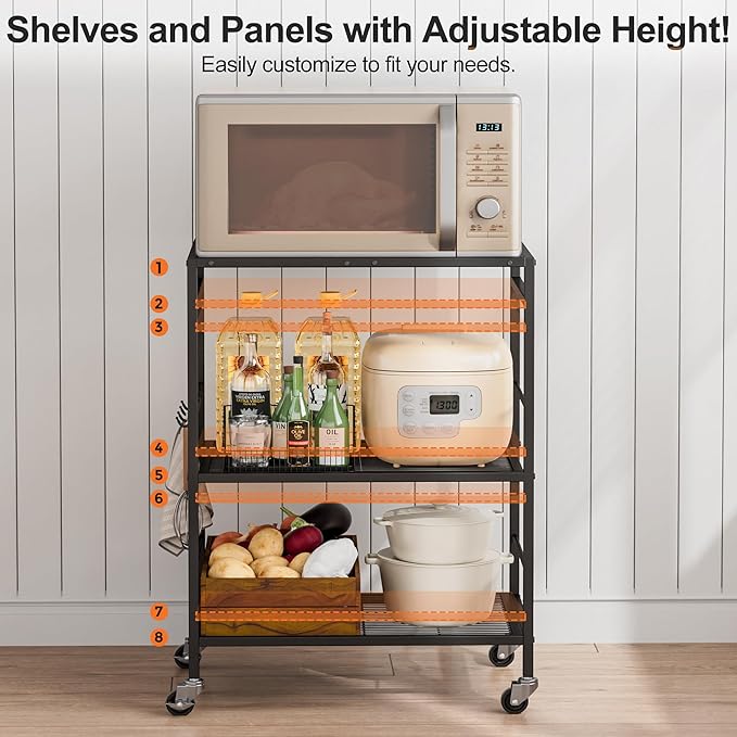3-Tier Kitchen Cart with Adjustable Shelves - Microwave Storage Cart & Utility Rolling Organizer, Industrial Wheels for Small Spaces, 15.7"x23.6"x33.7" Black Panel and Black Frame