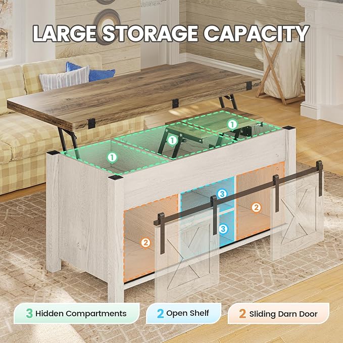 SEDETA Lift Top Coffee Table, 4 in 1 Multi-Function Convertible Coffee Tables with Storage and Hidden Compartment, Farmhouse Coffee Table Converts to Dining Table for Living Room, Brown Top | 4 in 1, Multi-Function, Storage, Hidden Compartment, Living ...