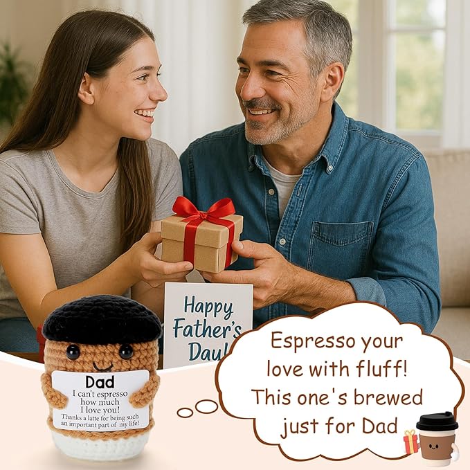 Mini Funny Coffee Dad Gifts from Daughter Son Wife, Handmade Crochet Fathers Day Birthday Gift for Daddy Bonus Step New First Time Dad Husband, Office Desk Decor Handmade Emotional Coffee