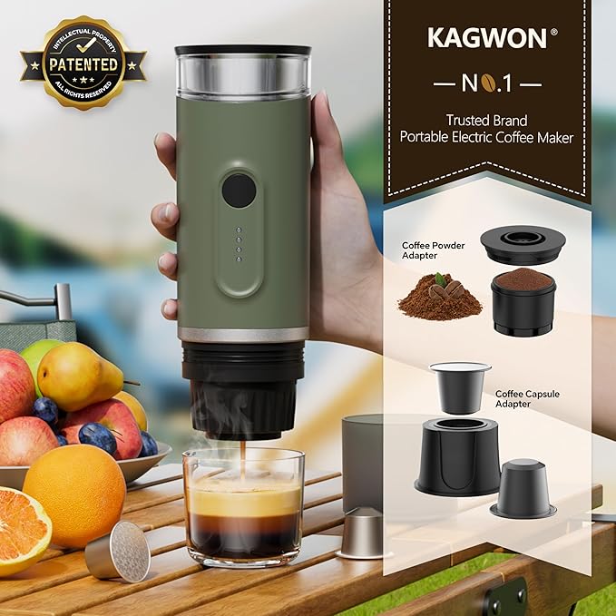 Portable Electric Espresso Machine, Self-Heating Travel Coffee Maker with USB-C, Compatible with Ground Coffee & NS Capsules, Ideal for Camping, Car, RV, Hiking & Office (Army Green)