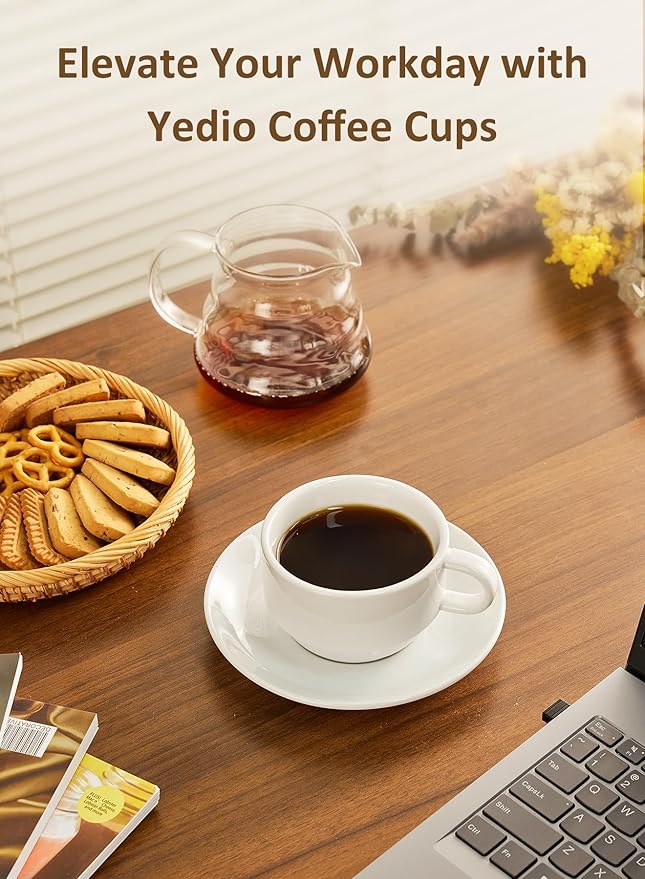 Yedio 8 oz Porcelain Cappuccino Cups with Saucers and Metal Stand, Stackable Coffee Cups for Latte, Americano, Tea – Set of 4, White