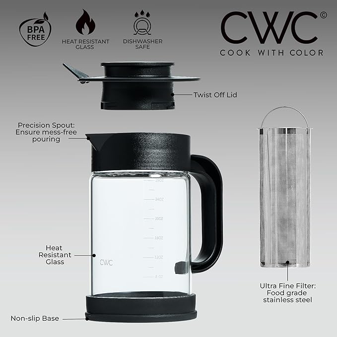 COOK WITH COLOR Cold Brew & Tea Maker - High Borosilicate Glass, PP Handle and Cover, 304 Stainless Steel Filter, TPR Base - Black