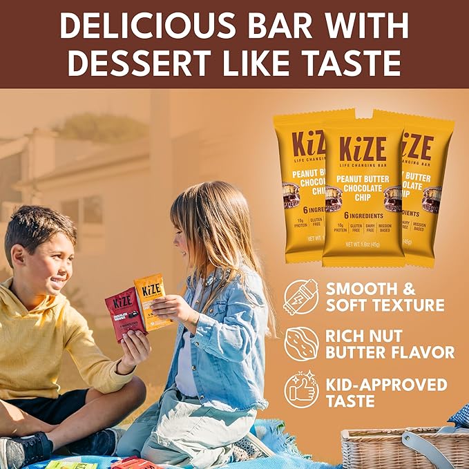 KiZE Energy Bars - Peanut Butter Chocolate Chip - 20-Count - Gluten Free, Dairy Free, Non-GMO, and High Protein Meal Replacement Energy Bars, Clean and Simple Food Ingredients - 10g High Protein Snacks (20 Count)