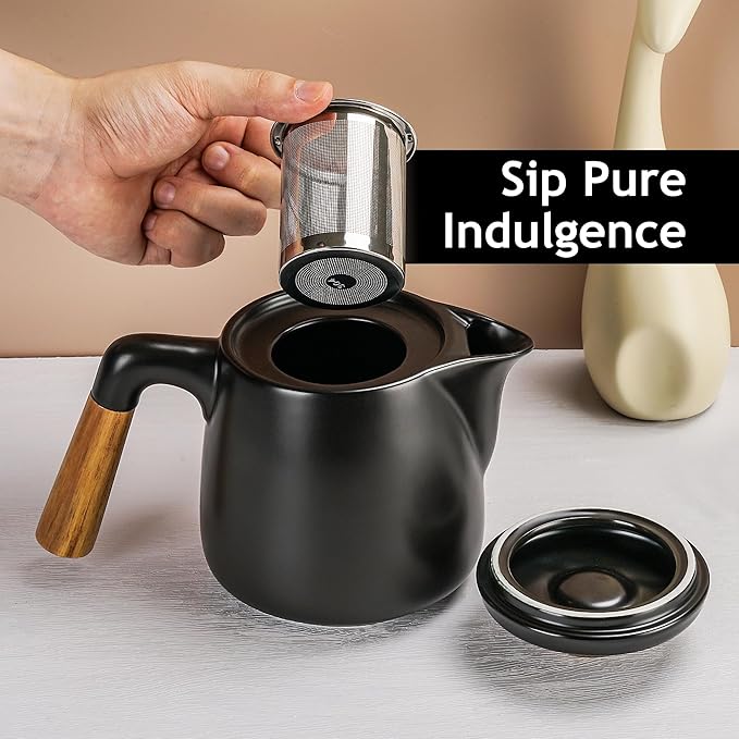MIAMIO – 34 Oz Ceramic Tea Pot Set with Infuser and Cups/Tea Strainer, 4 Ceramic Tea Mugs (10 Oz), Bamboo Saucers/Handle for Home and Office (Black)