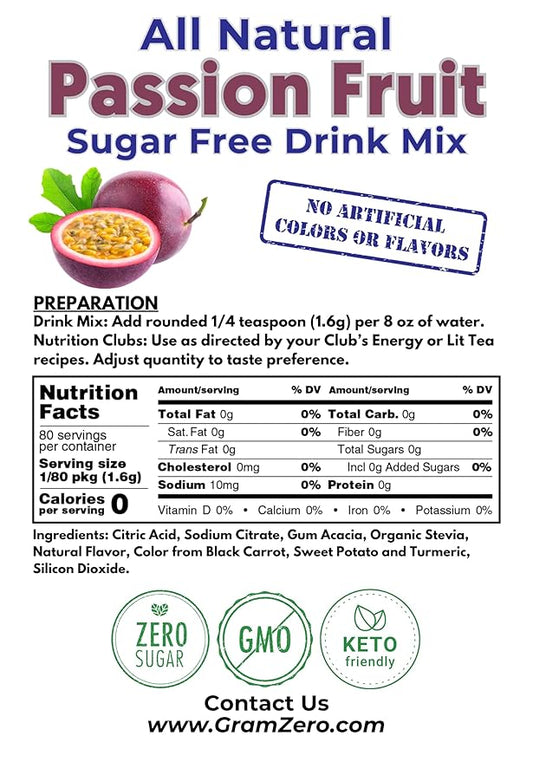 GramZero All Natural Passion Fruit Zero Calorie Sugar Free Drink Mix, Great For Nutrition Club Loaded Tea, Stevia Sweetened
